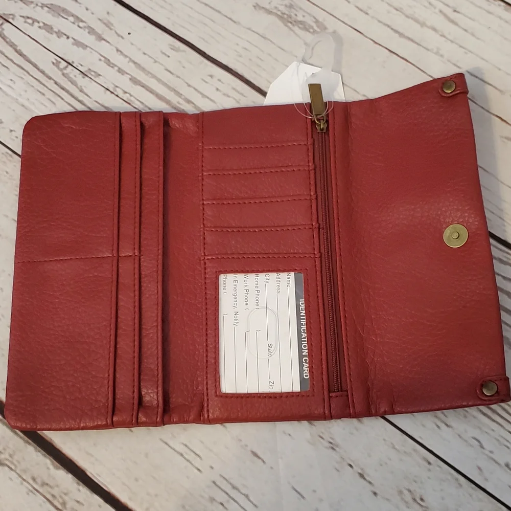 Time and Tru women's recycled materials vinyl tri-fold wallet red wine